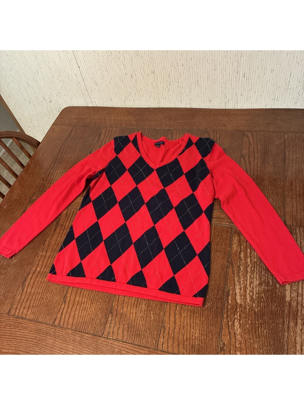 Tommy Hilfiger Sweater Women's M Diamond Argyle V Neck Preppy Red Blue